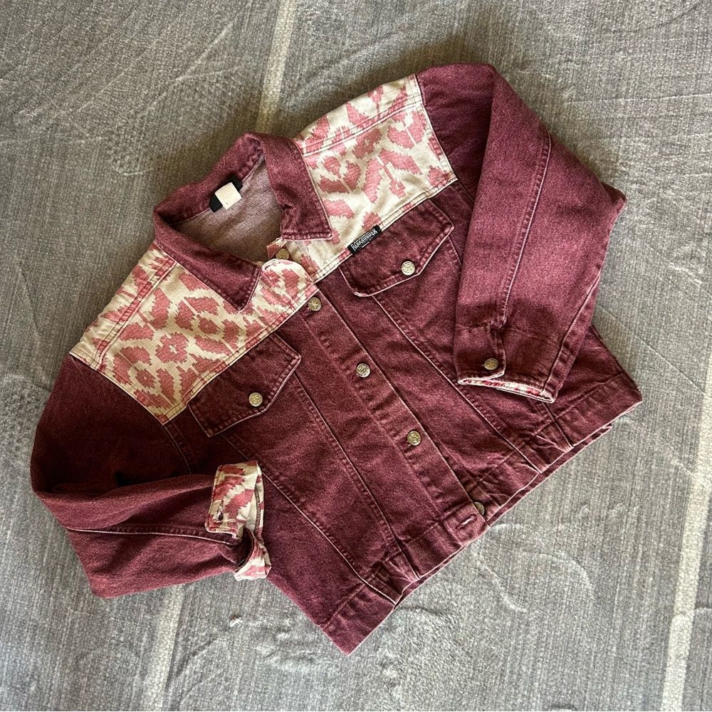 Circle T Vintage Og Burgundy And Pink Patterned Jean Jacket-